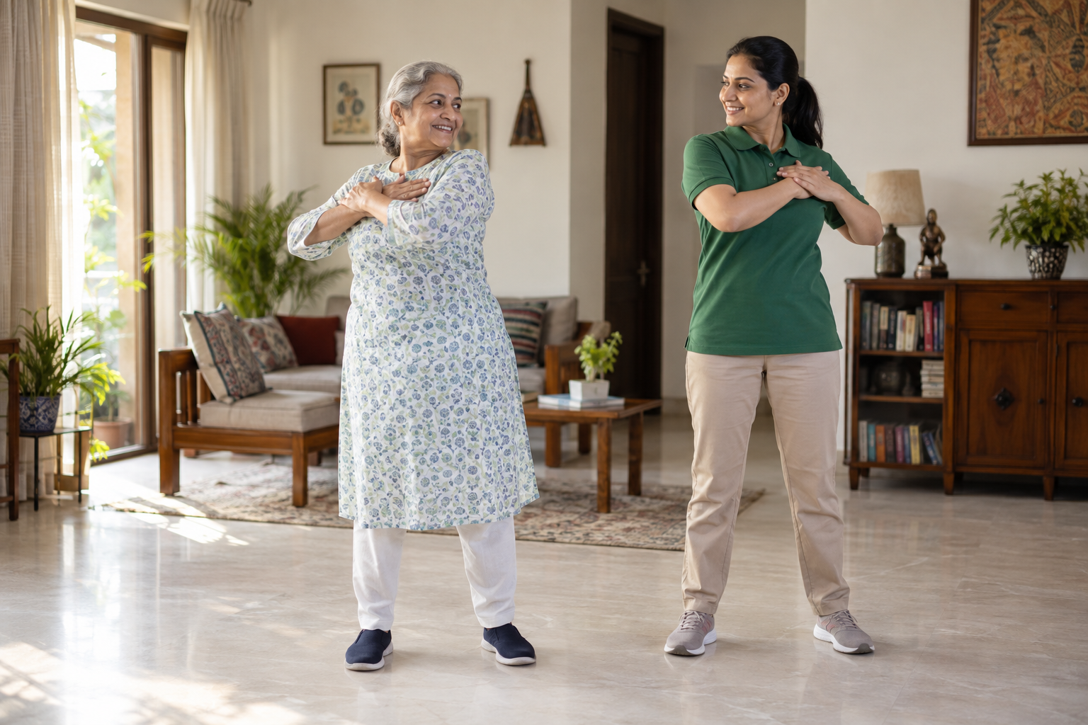 A physiotherapist guiding an older woman through standing torso mobility at home
