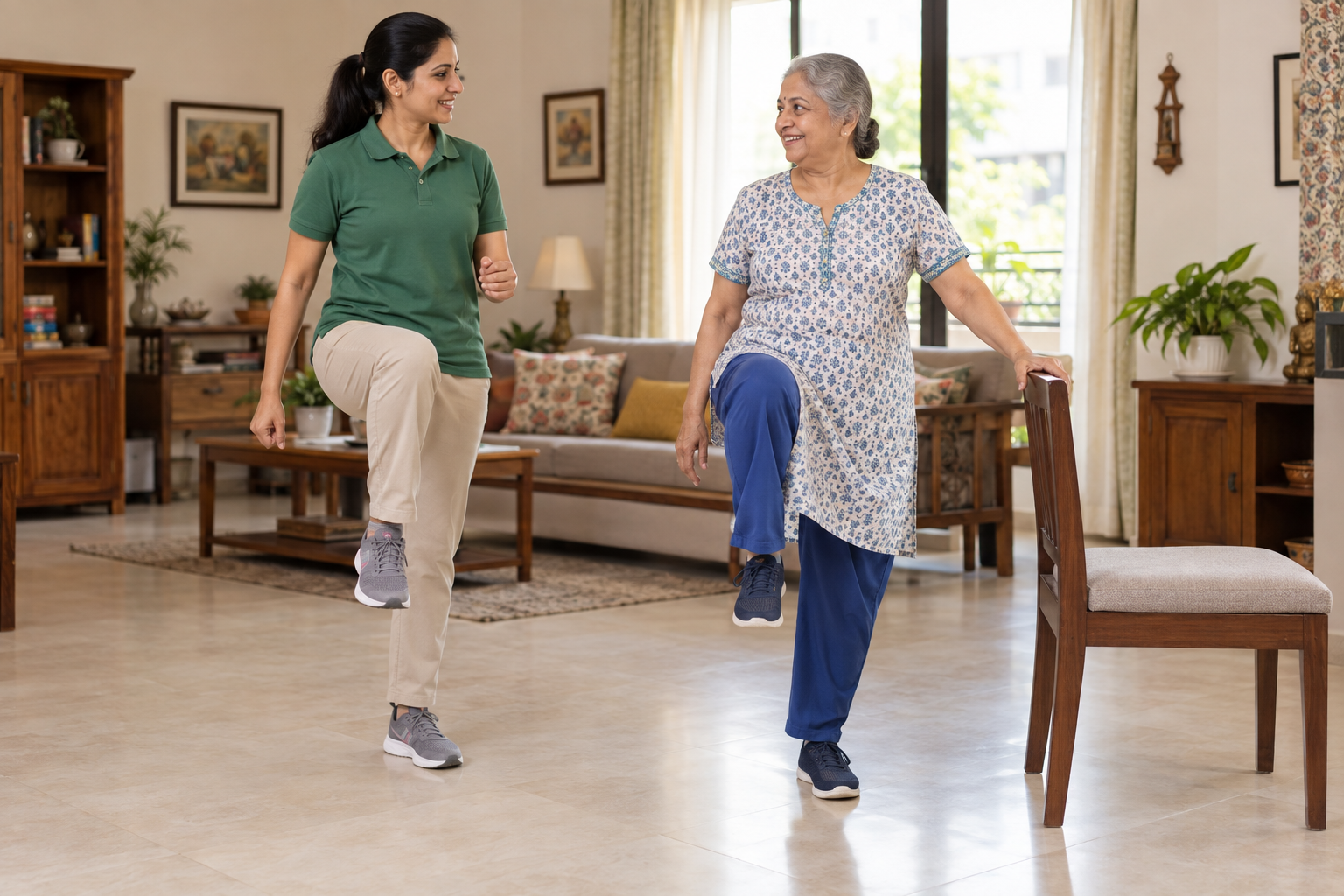 An older woman practising a standing knee raise alongside a physiotherapist