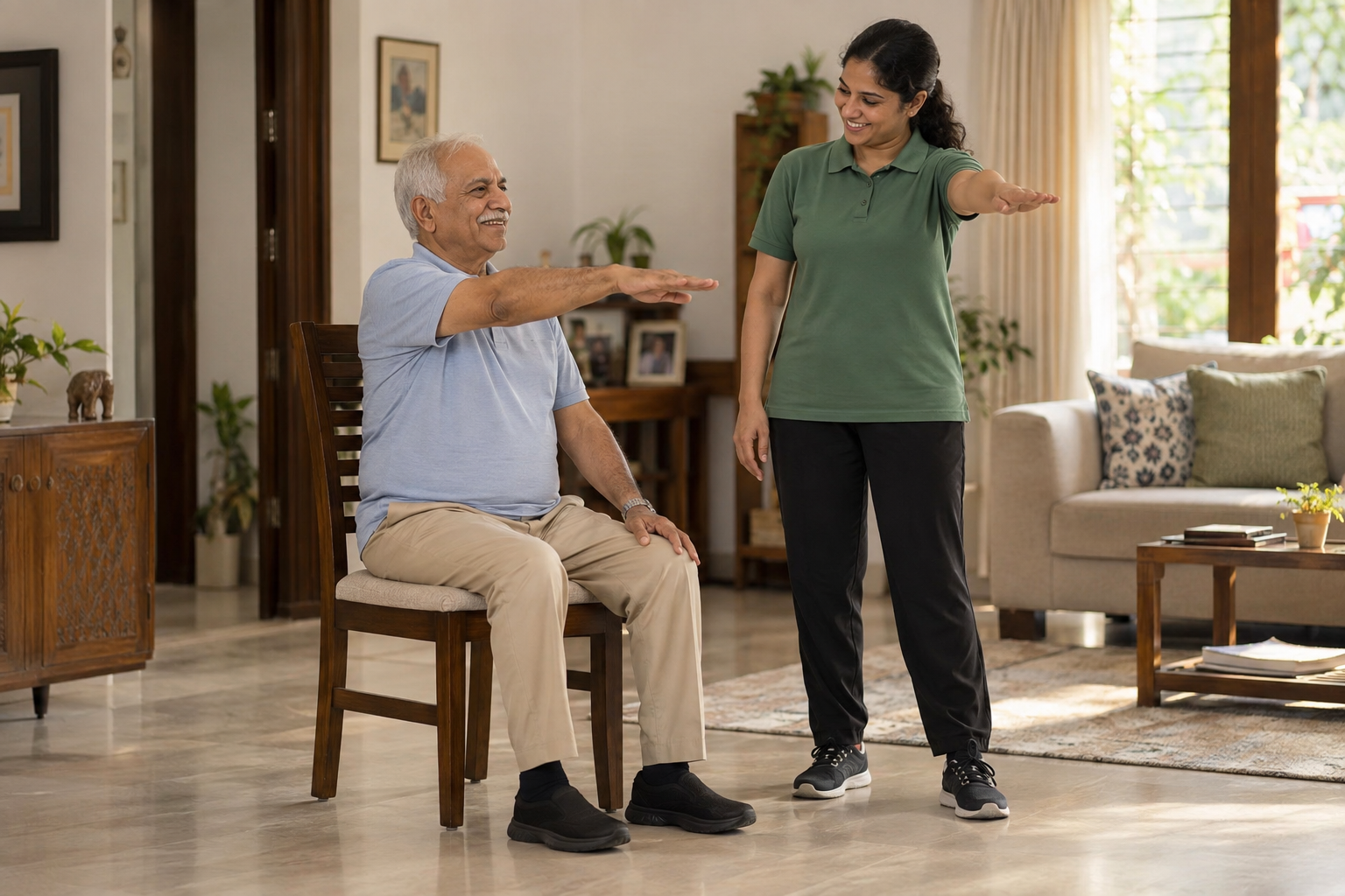 An older man practising an arm raise with a physiotherapist at home